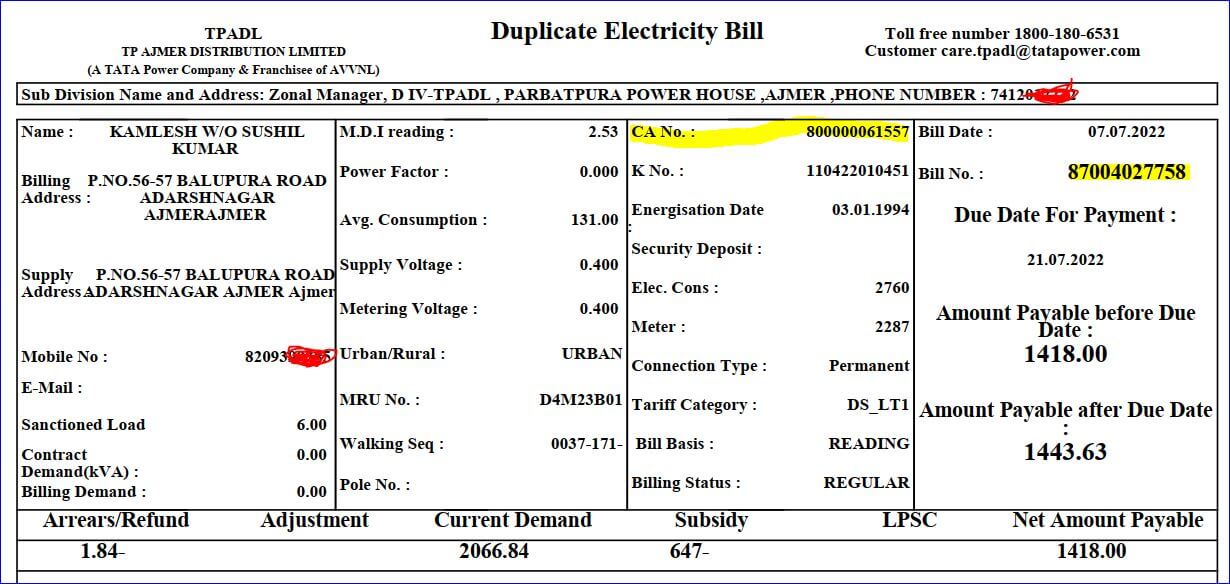 TPADL Electricity Bill Sample